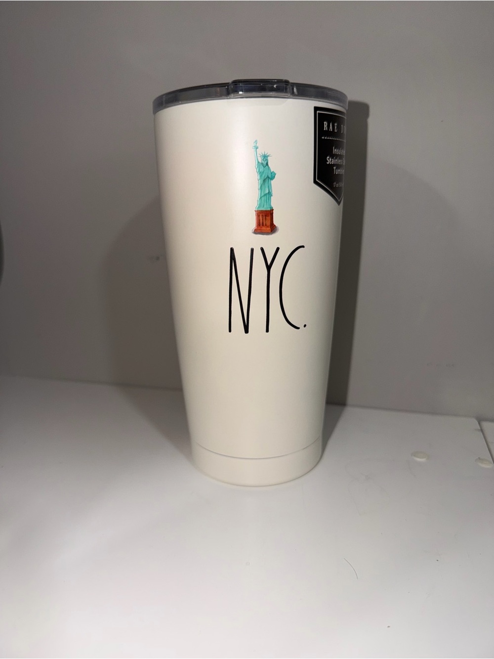 Rae Dunn White NYC Tumbler with Statue of Liberty Accent